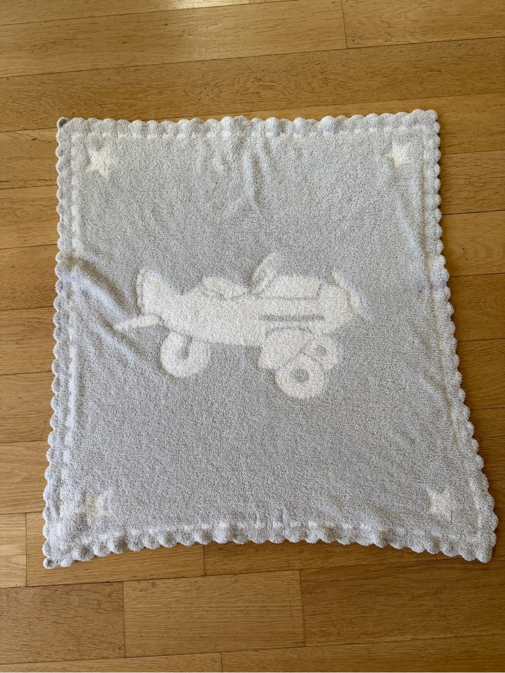 Barefoot Dreams CozyChic Airplane Scalloped Baby Receiving Blanket Gray White